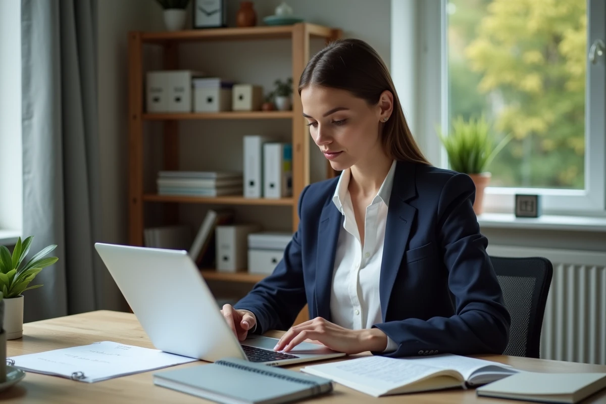 Femme concentrée travaillant sur son ordinateur dans un bureau organisé