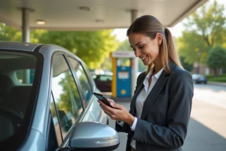 Femme en costume d'affaires près de sa voiture à la station essence