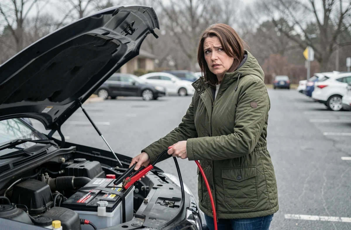 Femme tenant des câbles de démarrage mal connectés sur une batterie de voiture dans un parking extérieur