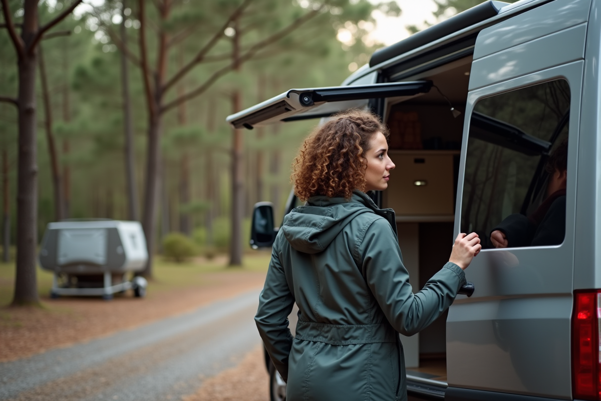 Jeune femme vérifiant un rangement de van en camping