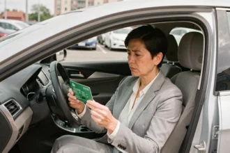Femme examinant sa carte verte d'assurance automobile assise dans son véhicule