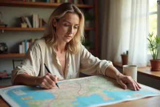 Femme consultant une carte autoroutière papier de France sur un bureau en bois pour préparer un voyage