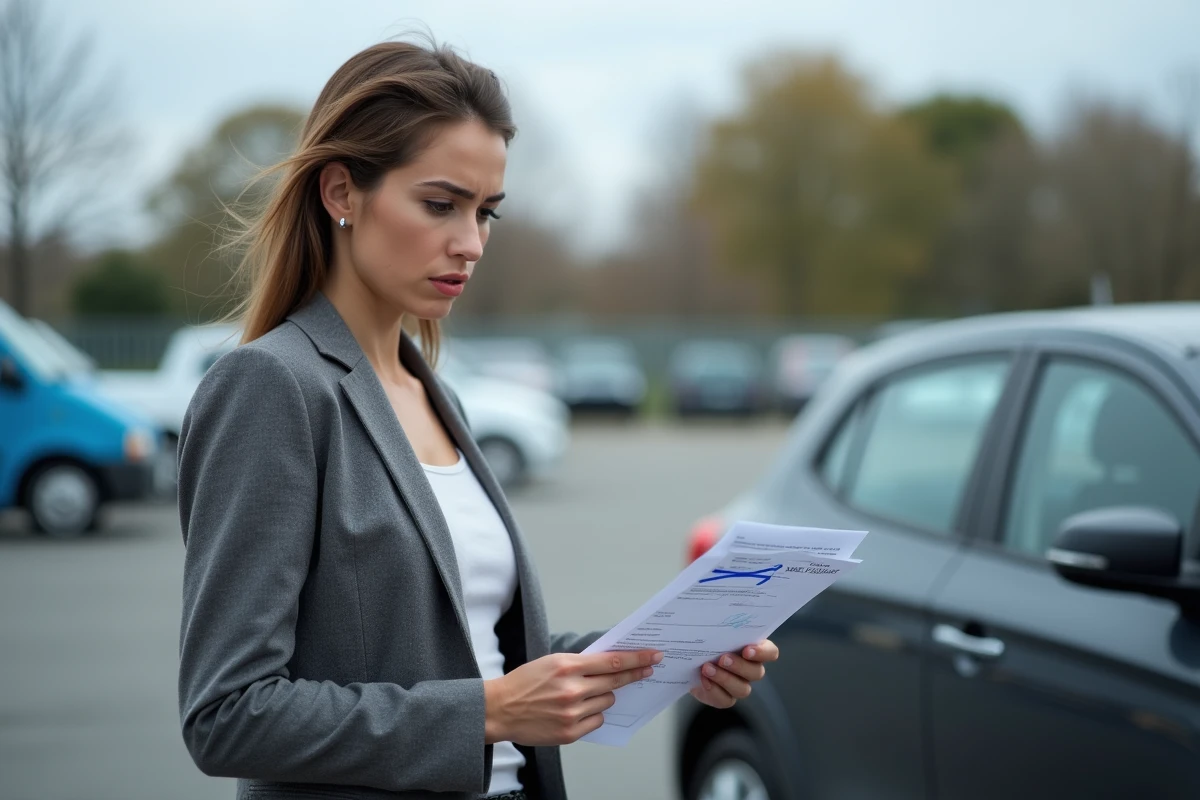 Femme tenant une carte grise barrée devant un véhicule d'occasion lors d'une transaction litigieuse