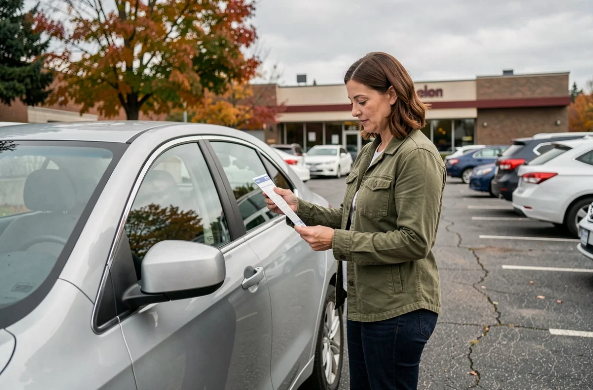 Femme consultant sa carte grise près de sa voiture pour vérifier la puissance fiscale en chevaux et kilowatts