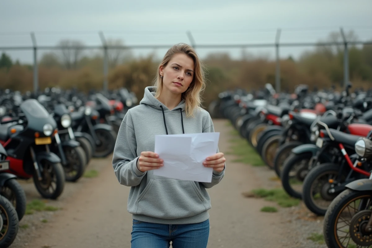 Femme perdue dans une grande casse moto en plein air cherchant une pièce détachée