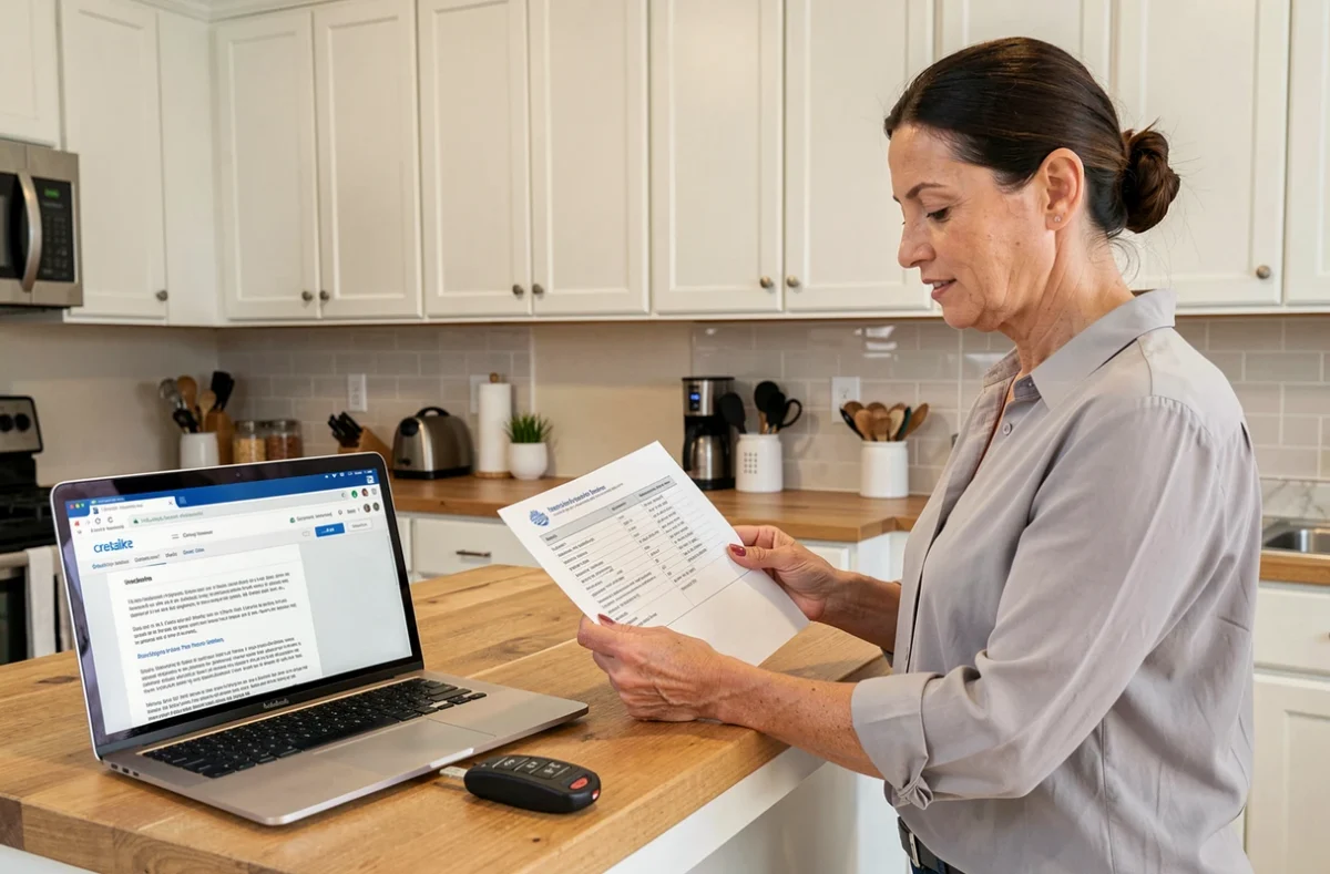 Femme consultant des documents d'assurance moto sur son plan de travail avec clé de moto