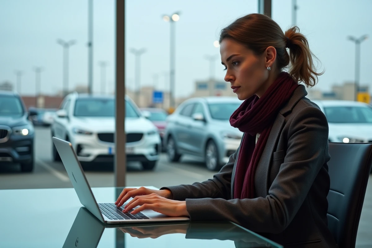Une femme professionnelle consulte des avis en ligne sur un ordinateur portable dans un bureau de concession automobile luxueuse