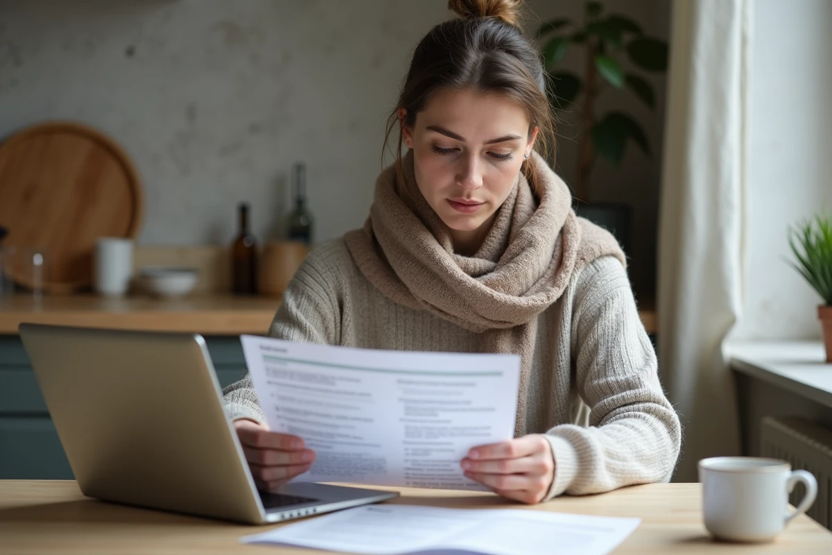 Femme lisant des contrats de voiture à la maison