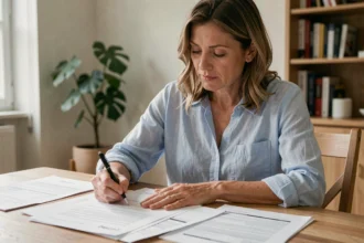 Femme consultant des documents d'assurance auto à une table en bois pour changer de contrat