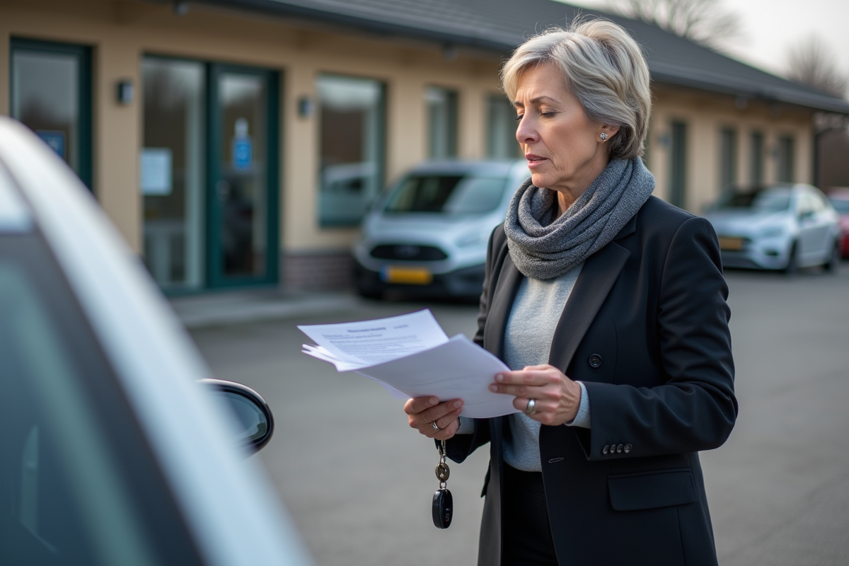 Femme vérifiant documents devant sa voiture à l