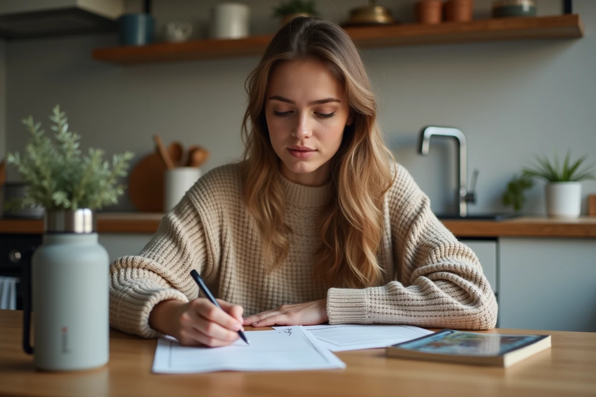 Femme écrivant une liste de voyage à la maison