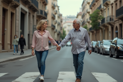 Femme inquiète tenant la main de son père dans la rue