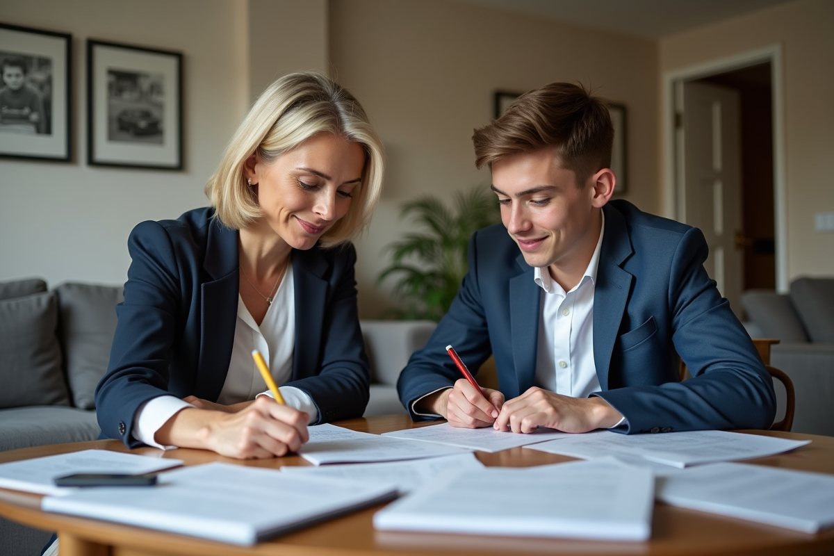 Femme française et son fils remplissant un contrat auto
