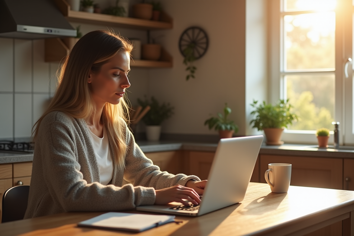 Femme suivant une formation en ligne à la maison