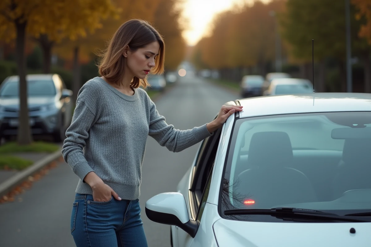 Femme inquiète devant sa Peugeot 207 avec le voyant moteur allumé, problème antipollution en ville