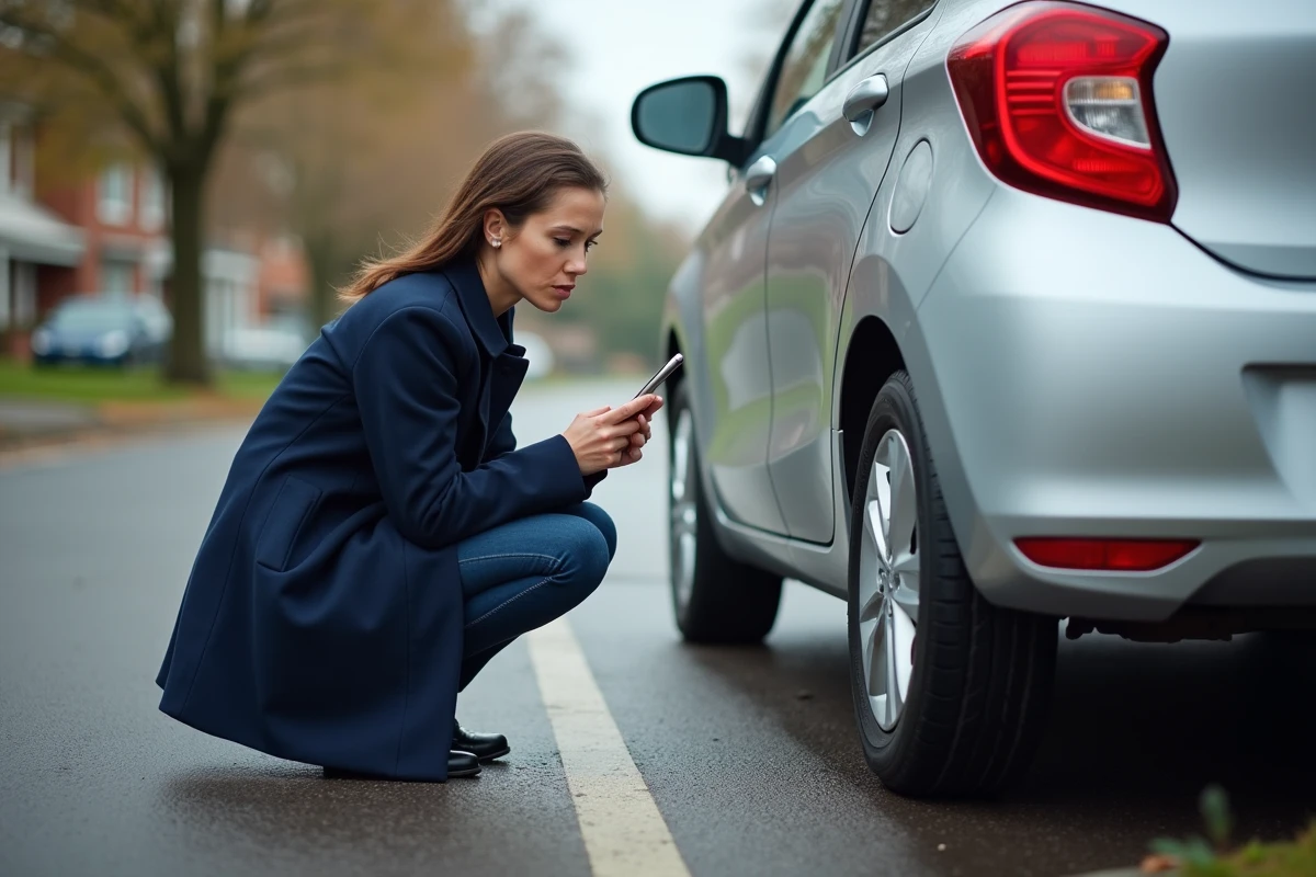 Femme inspectant le pneu de sa voiture après l'allumage d'un voyant d'avertissement au tableau de bord