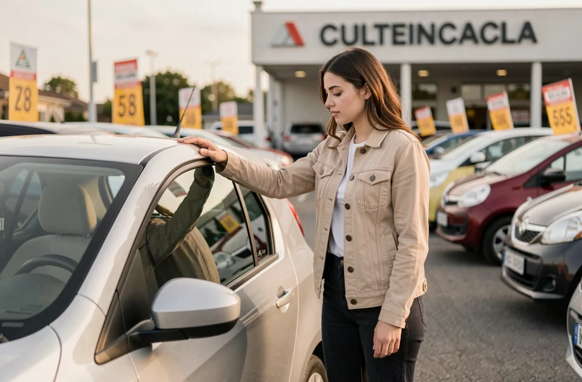 Jeune femme inspectant une voiture sans permis d'occasion chez un concessionnaire