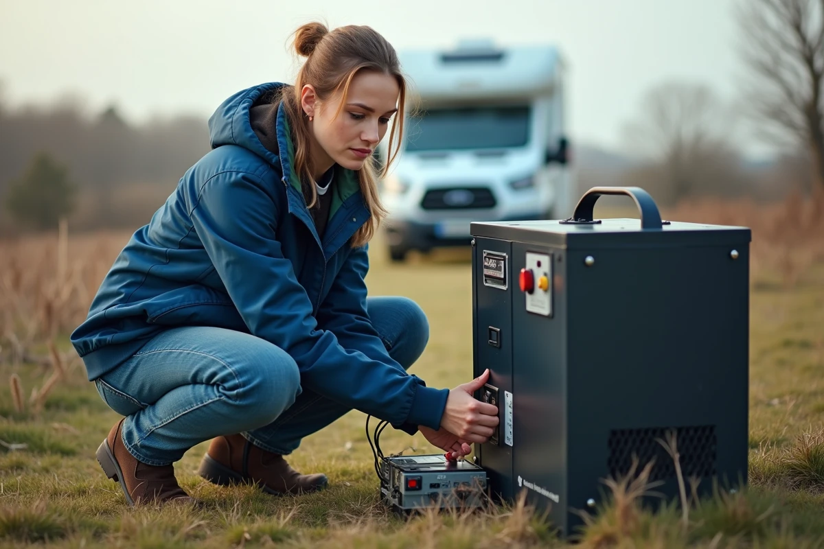 Jeune femme installant un inverter solaire en extérieur