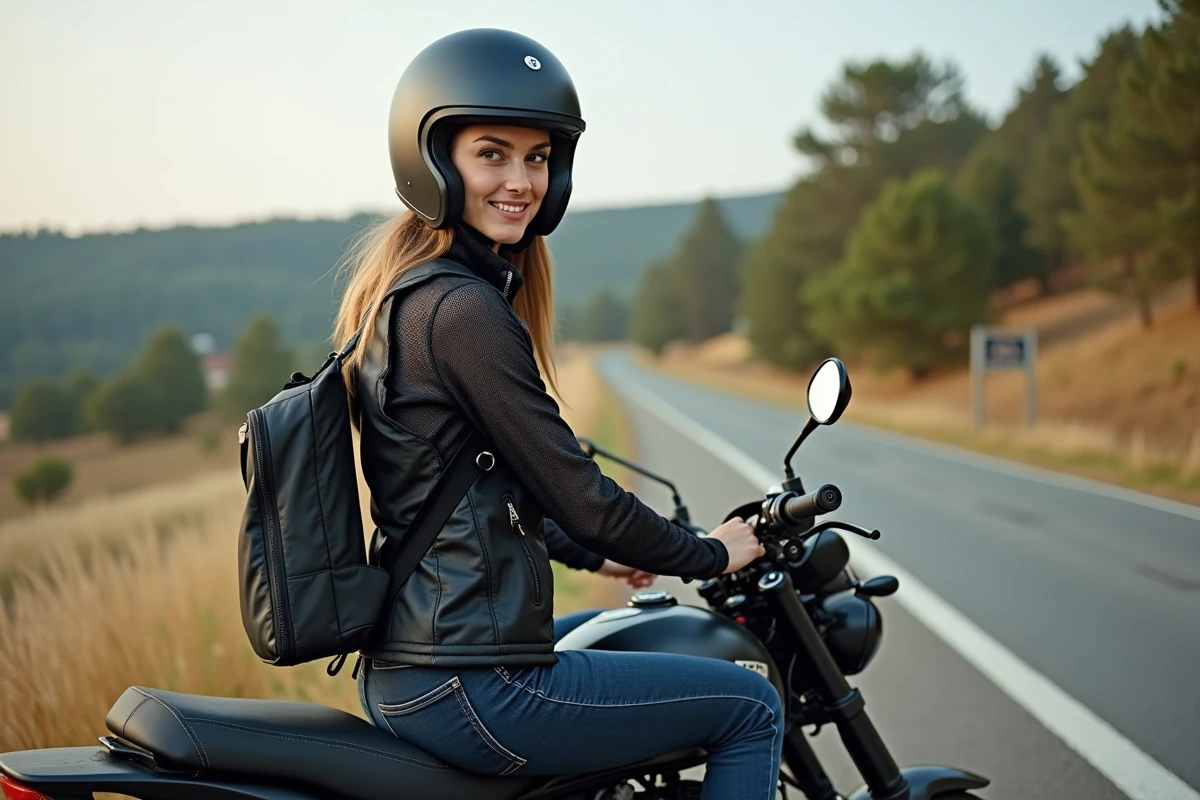 Femme en veste moto attache un sac sur une moto en campagne