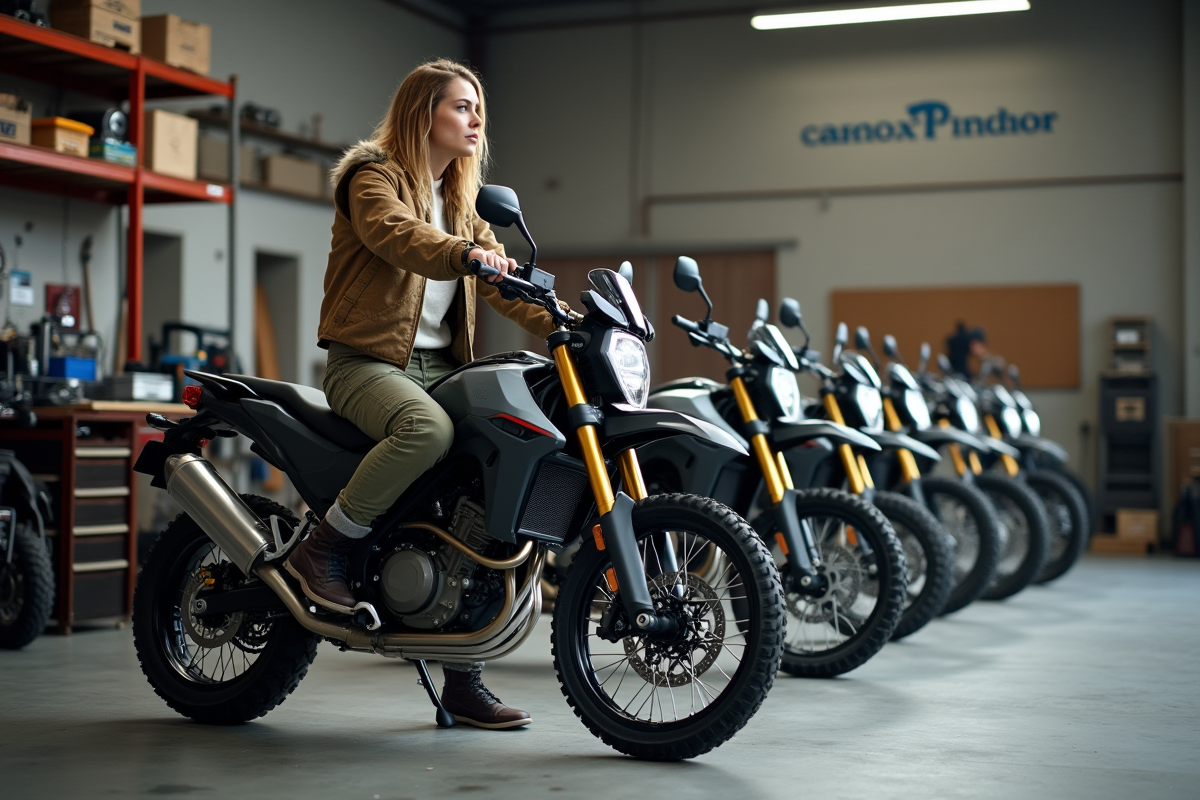 Jeune femme inspecte une moto d