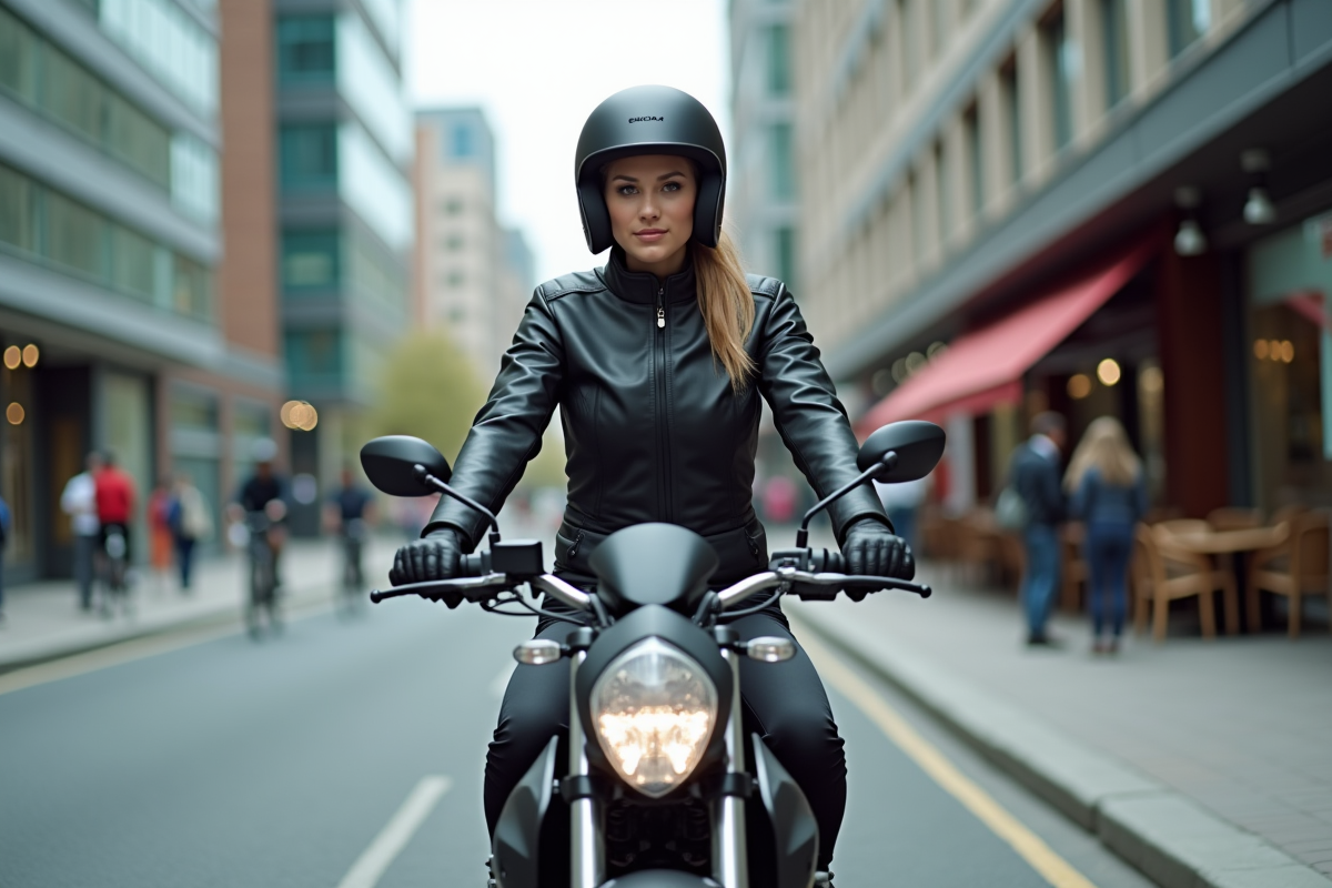 Femme en moto urbaine dans une ville moderne
