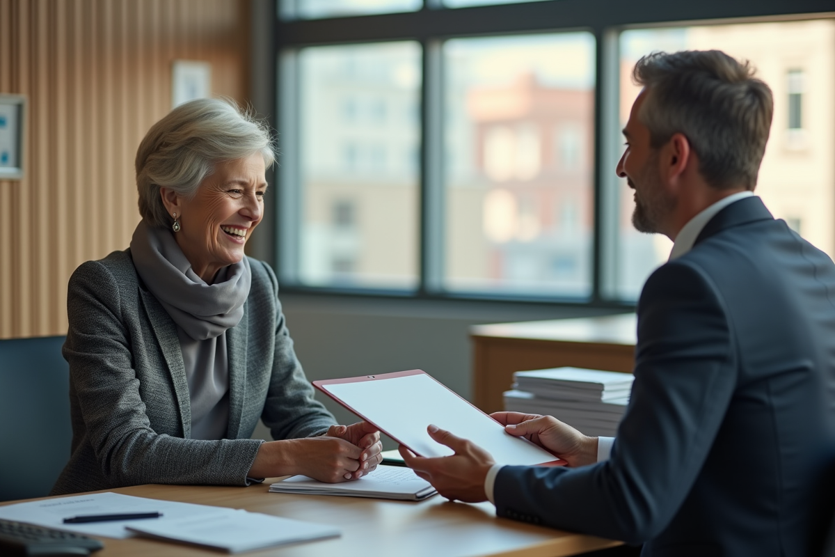 Femme souriante remettant un dossier à un agent administratif