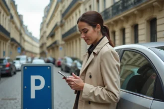 Femme utilisant l'application PayByPhone pour déclarer son stationnement résident dans une rue parisienne