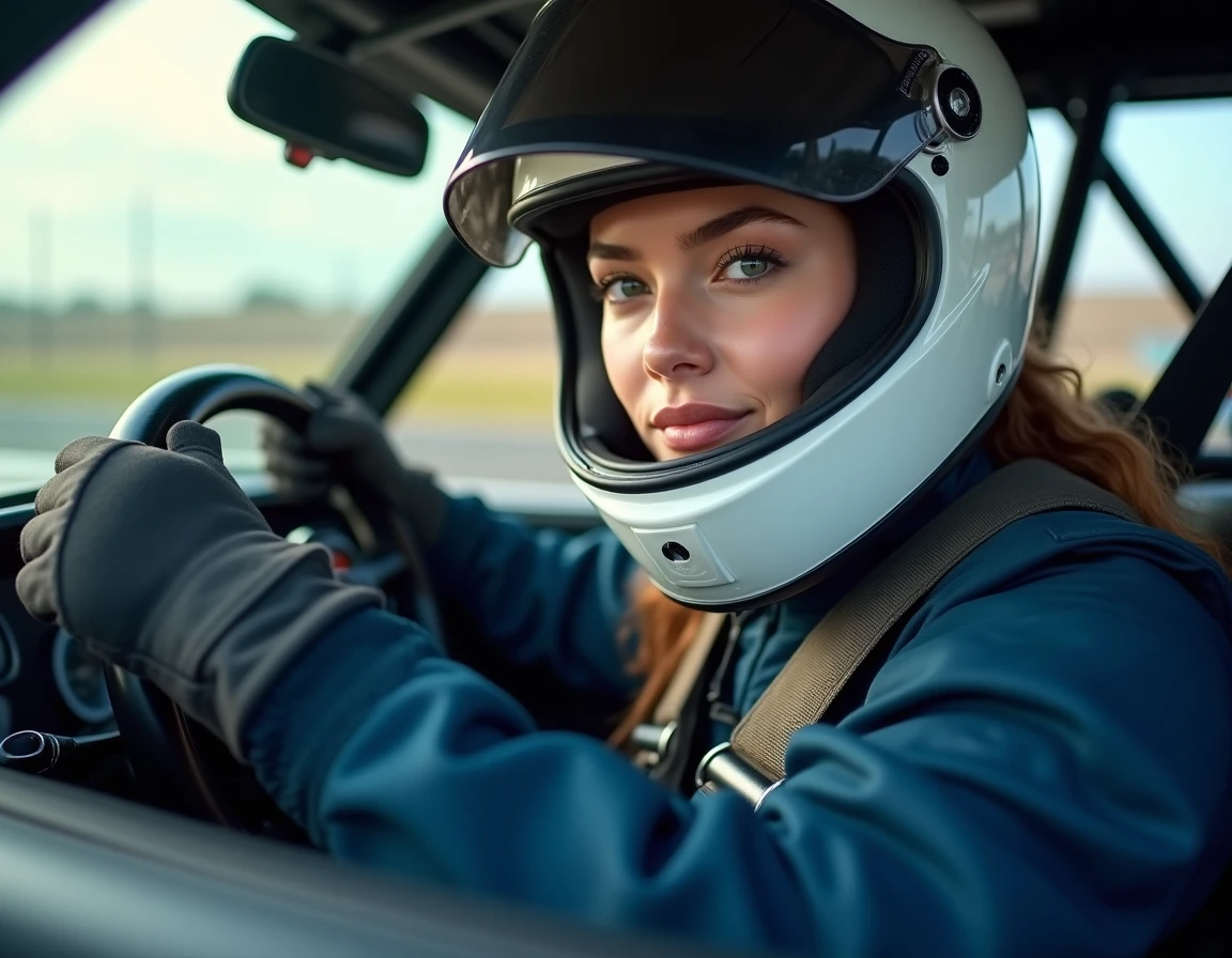Femme pilote casquée au volant d'une voiture de course lors d'un stage de pilotage sur circuit
