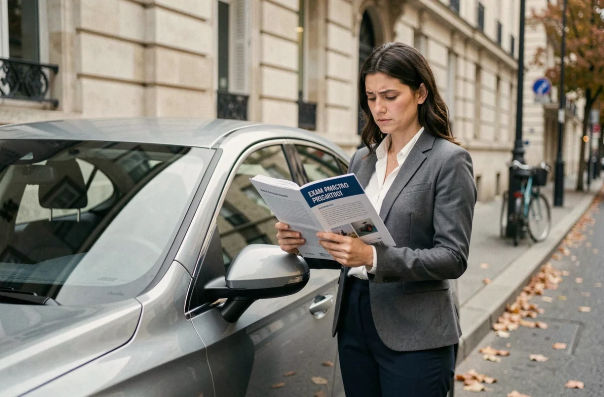 Femme professionnelle tenant un guide d'examen VTC debout près d'un véhicule berline en milieu urbain