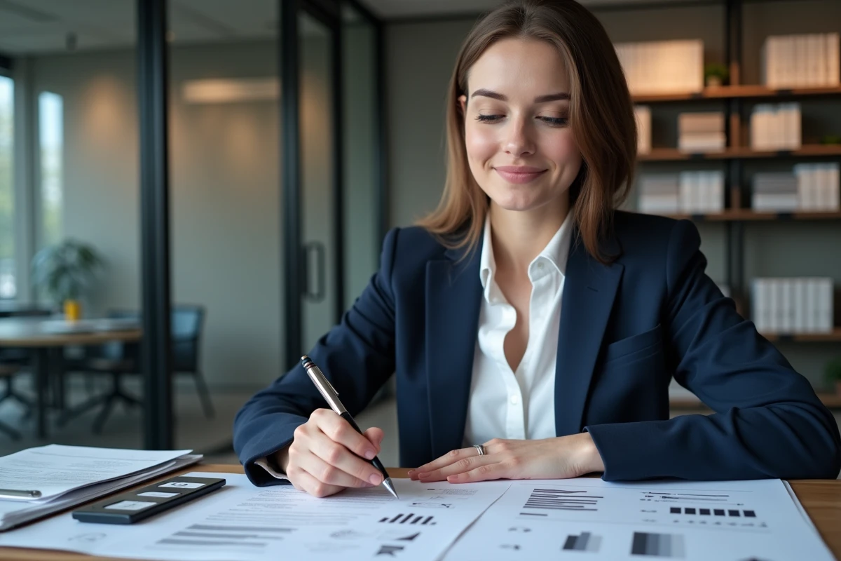 Femme professionnelle en réunion avec guides de marque