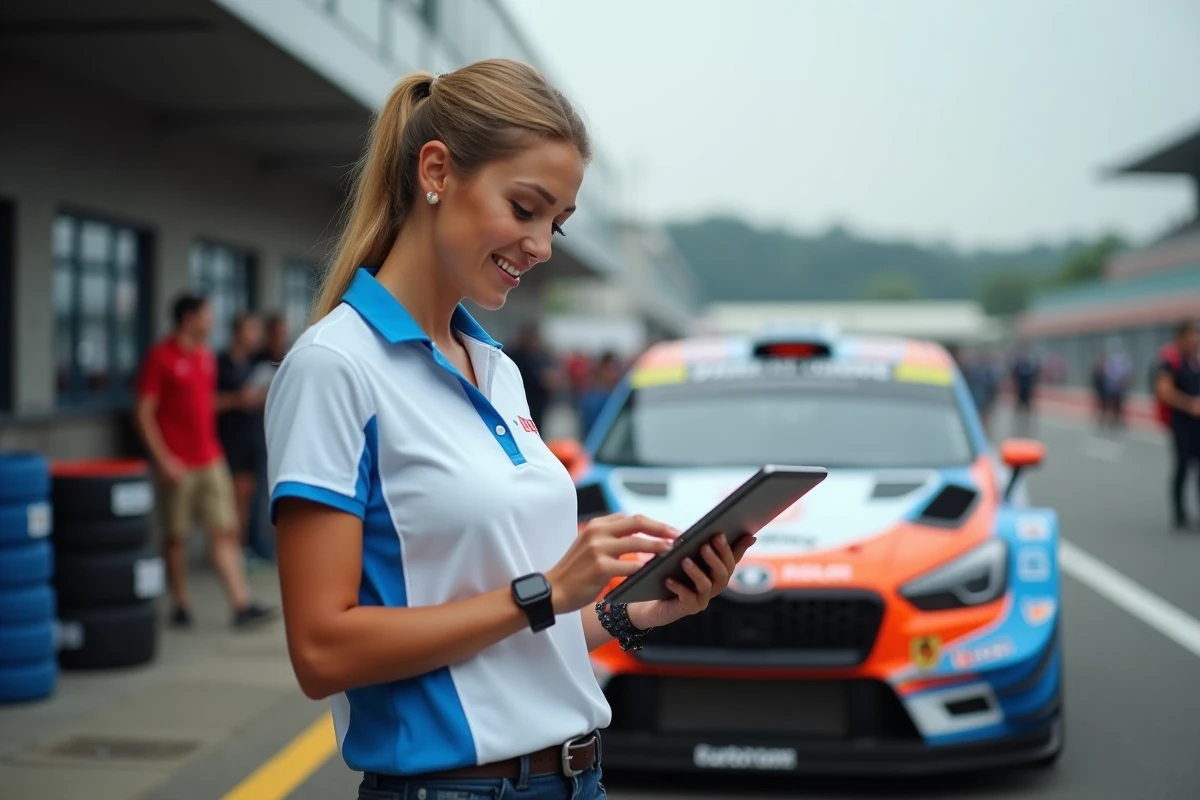 Femme vérifiant actualités de course près d