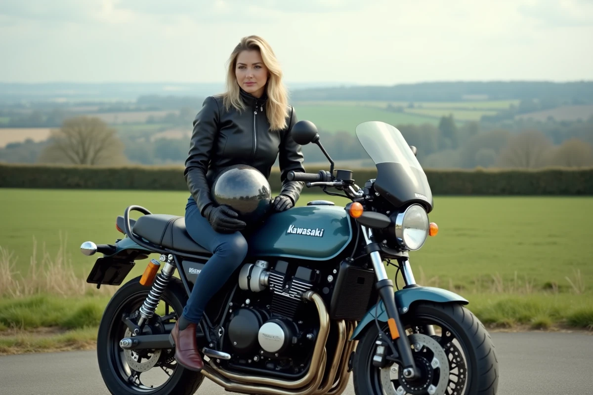 Femme avec casque et moto au bord de la campagne