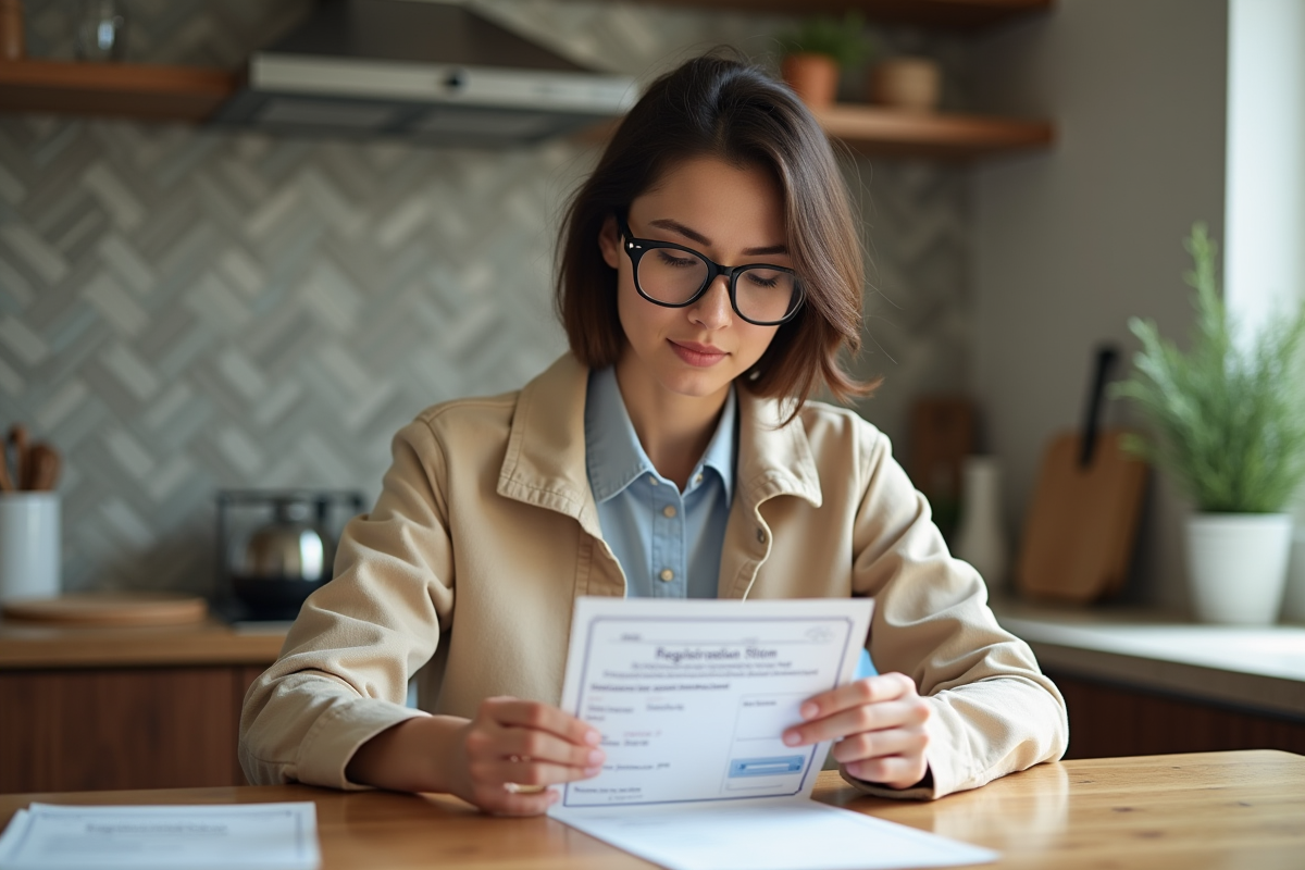 Femme assise à la cuisine avec certificat d