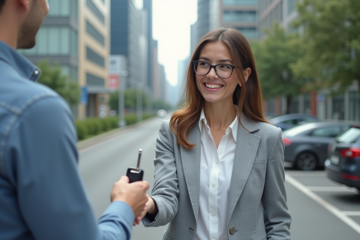 Jeune femme donnant des clés de voiture dans un parking urbain
