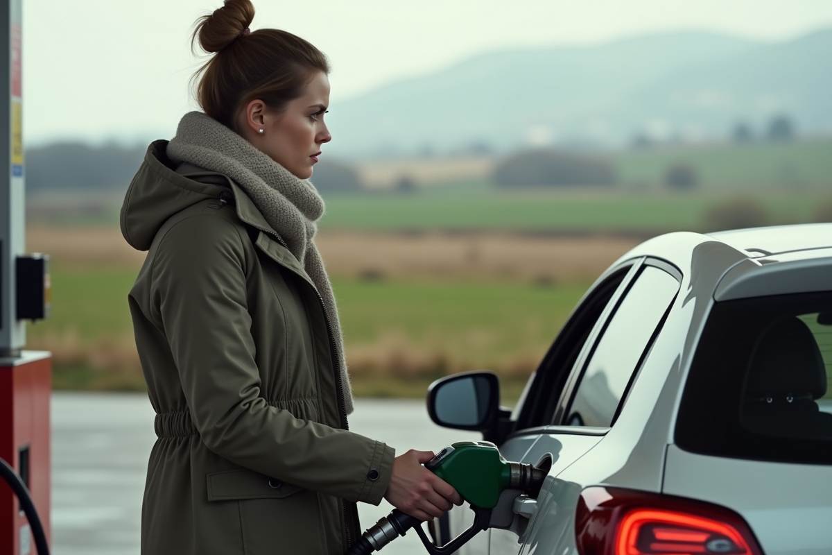 Jeune femme faisant le plein dans une station essence à la campagne