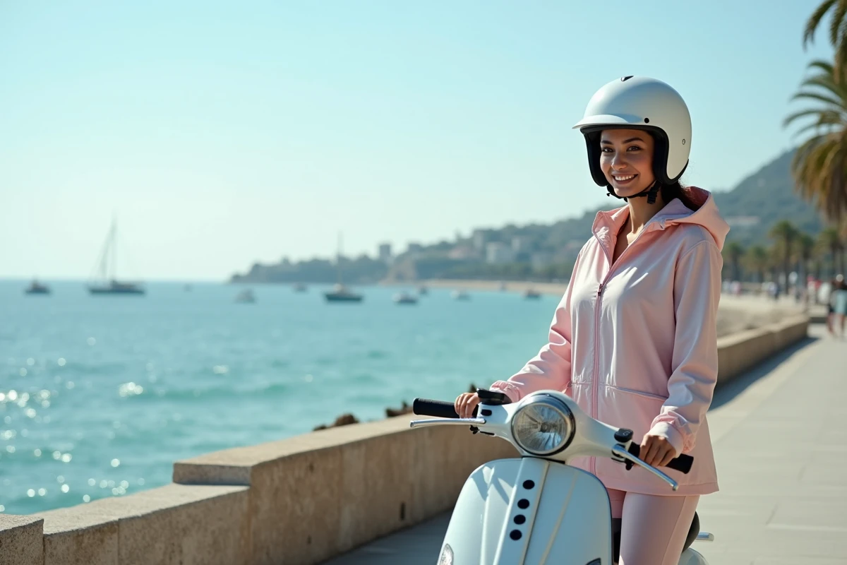 Jeune femme avec casque sur scooter près de la mer