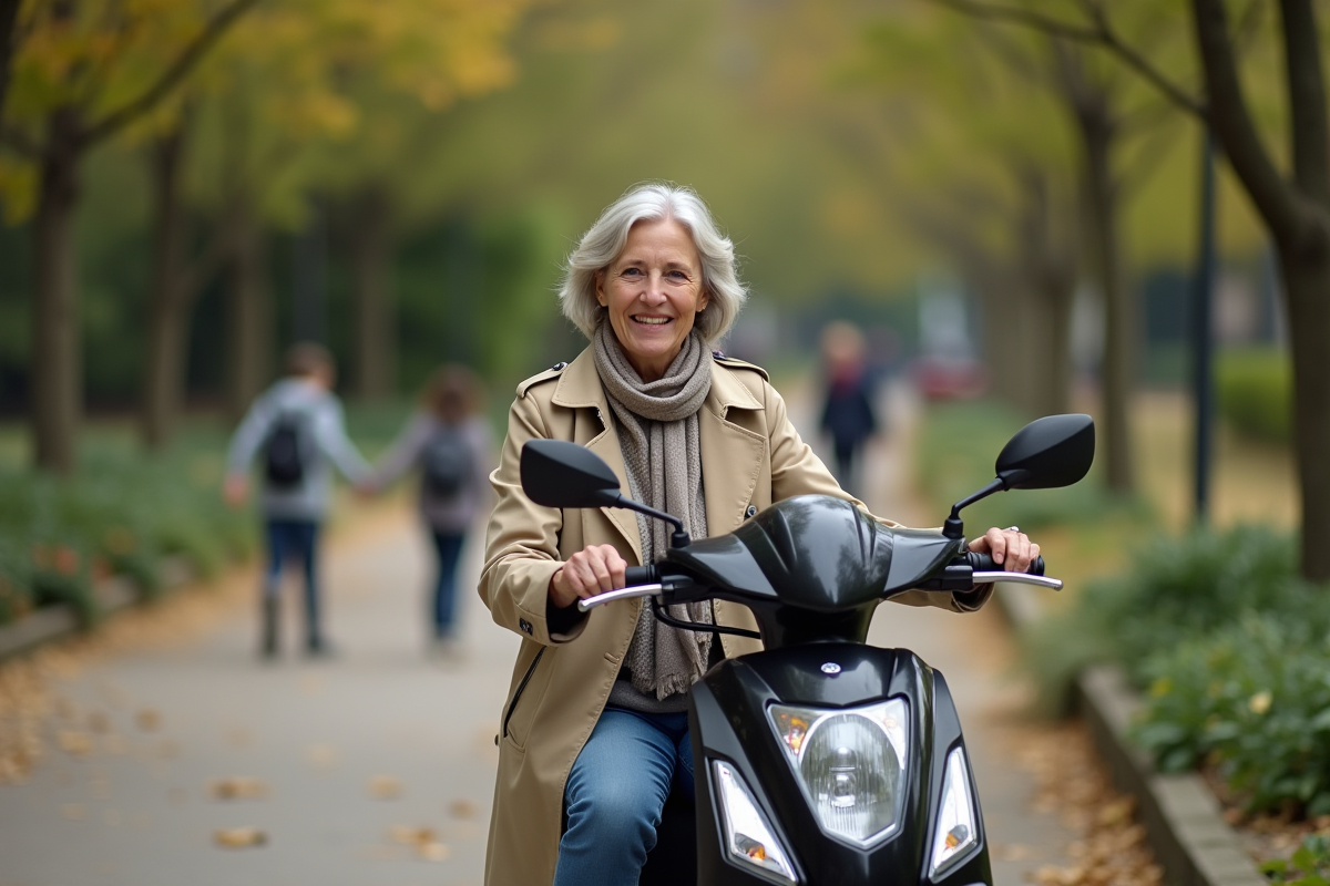 Femme en trench sur scooter dans parc lyonnais