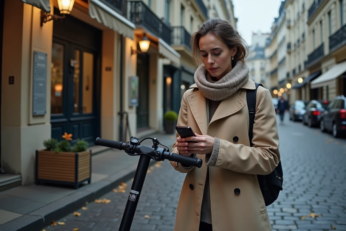 Jeune femme avec scooter dans une rue parisienne calme