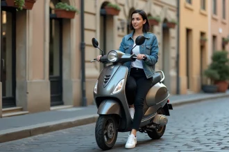 Femme en denim sur scooter dans une ville historique