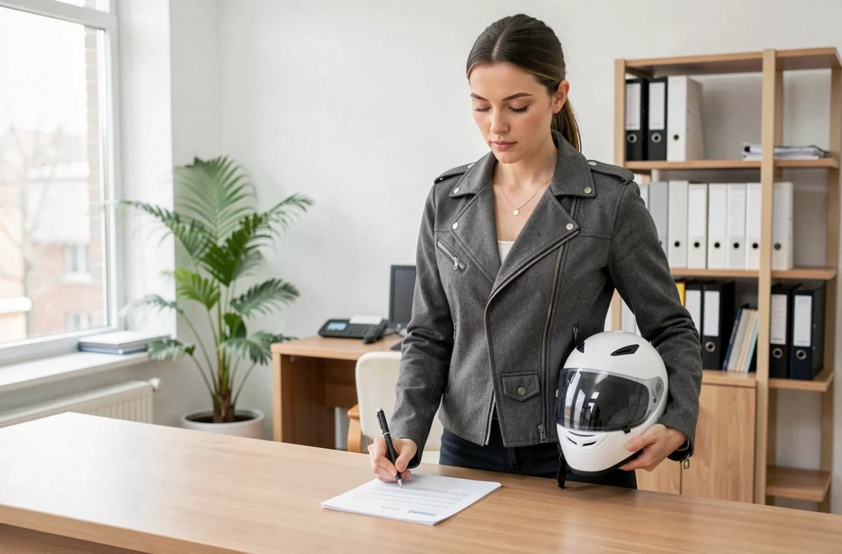 Femme motarde signant un contrat d'assurance moto saisonnière dans une agence professionnelle