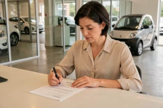 Femme signant un contrat de LOA pour une voiture sans permis dans un concessionnaire automobile moderne