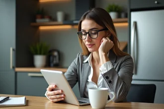Femme lisant des avis en ligne dans une cuisine moderne