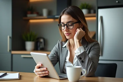 Femme lisant des avis en ligne dans une cuisine moderne