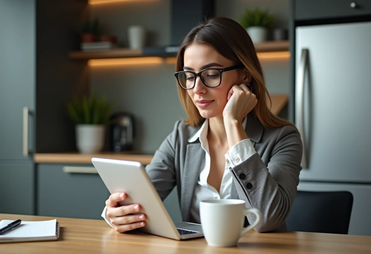 Femme lisant des avis en ligne dans une cuisine moderne