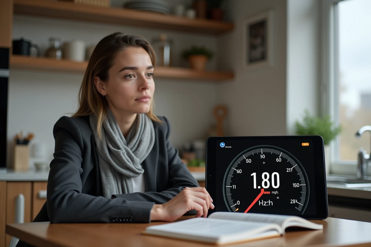 Femme regardant un tableau de conversion de vitesse sur une tablette