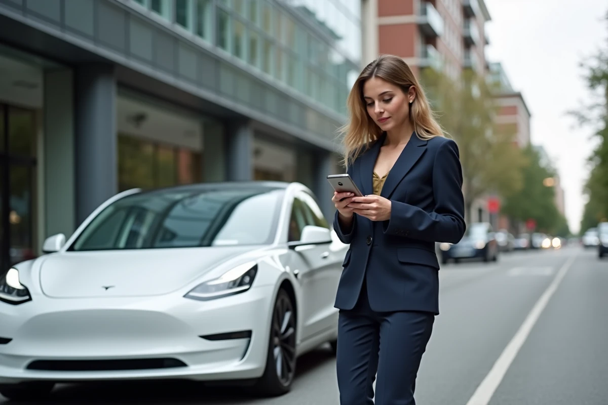 Une femme consultant le Tesla Motors Blog sur son smartphone devant une Tesla Model 3 en ville