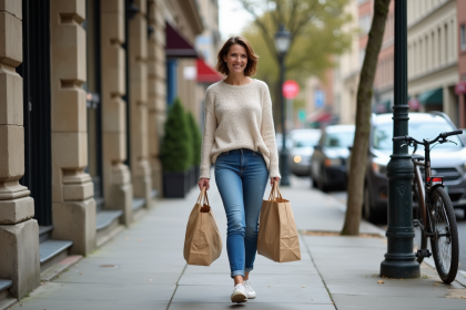 Femme en ville avec sacs réutilisables marche dans la rue