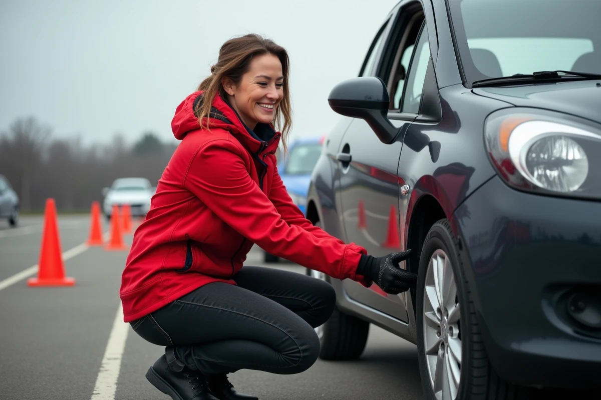 Femme vérifiant la pression des pneus d