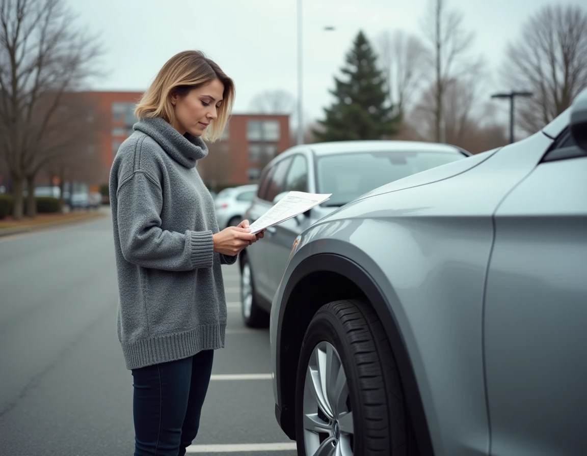 Femme examinant les spécifications du pneu de sa voiture dans un parking avec une fiche technique à la main