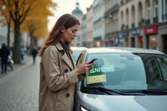 Femme inspectant le macaron LEZ sur le pare-brise de sa voiture dans une rue de Bruxelles